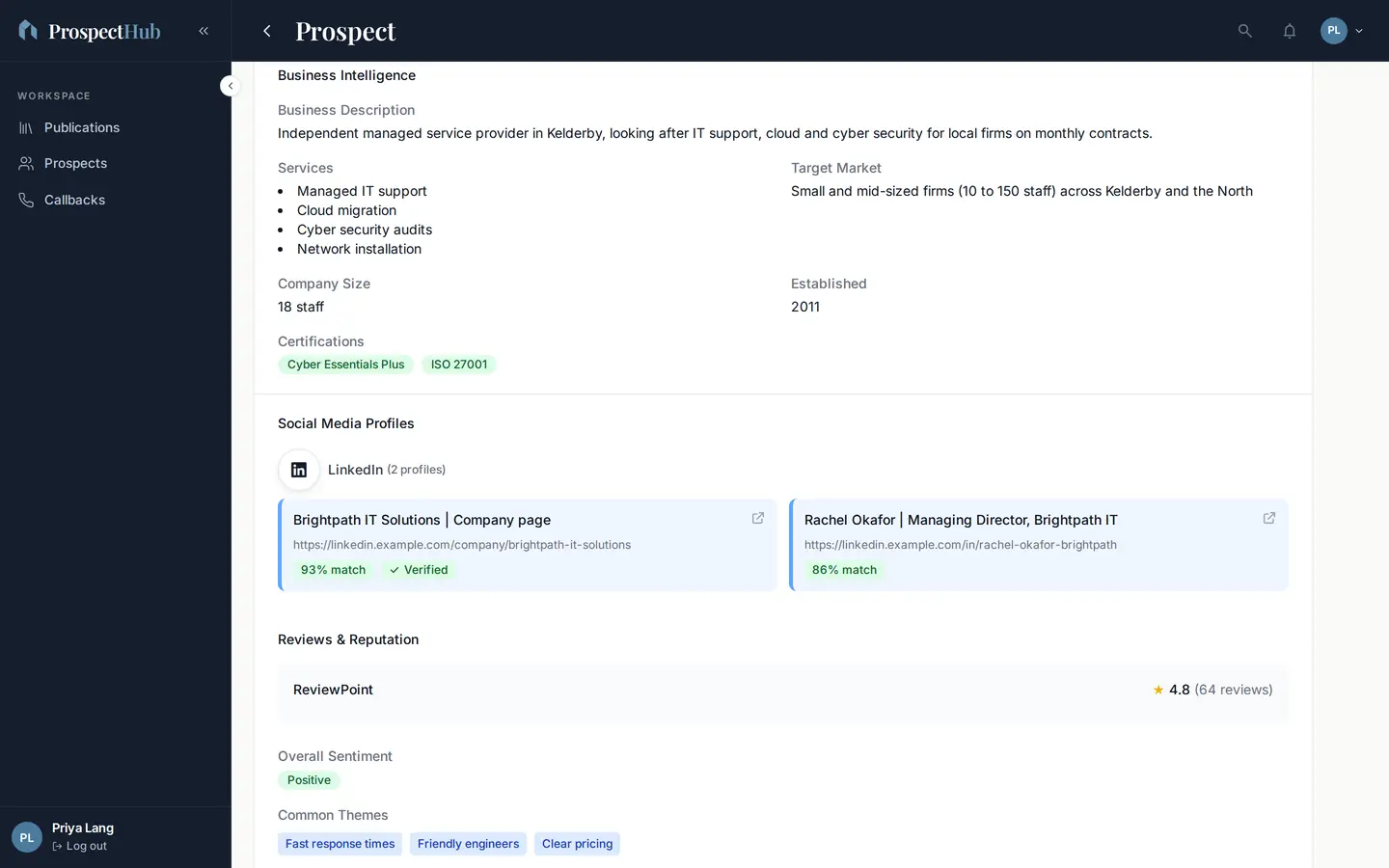 Further down the same Research tab: the business description, services, target market, size, year established and certifications, matched social profiles, and a reviews section with rating, sentiment and common themes.