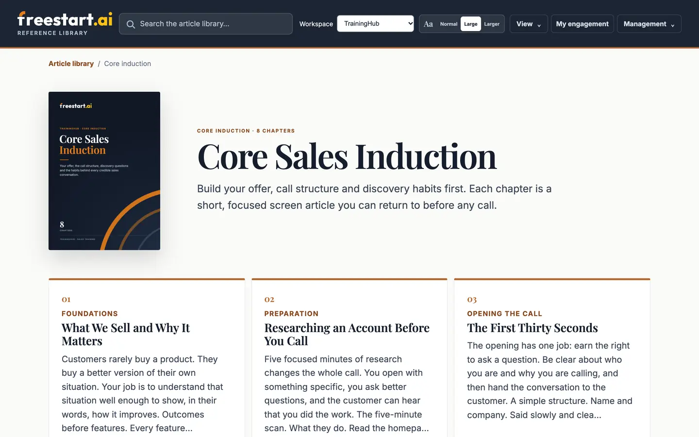 The Core Sales Induction collection in the reference library: its cover, introduction and the first chapter cards.