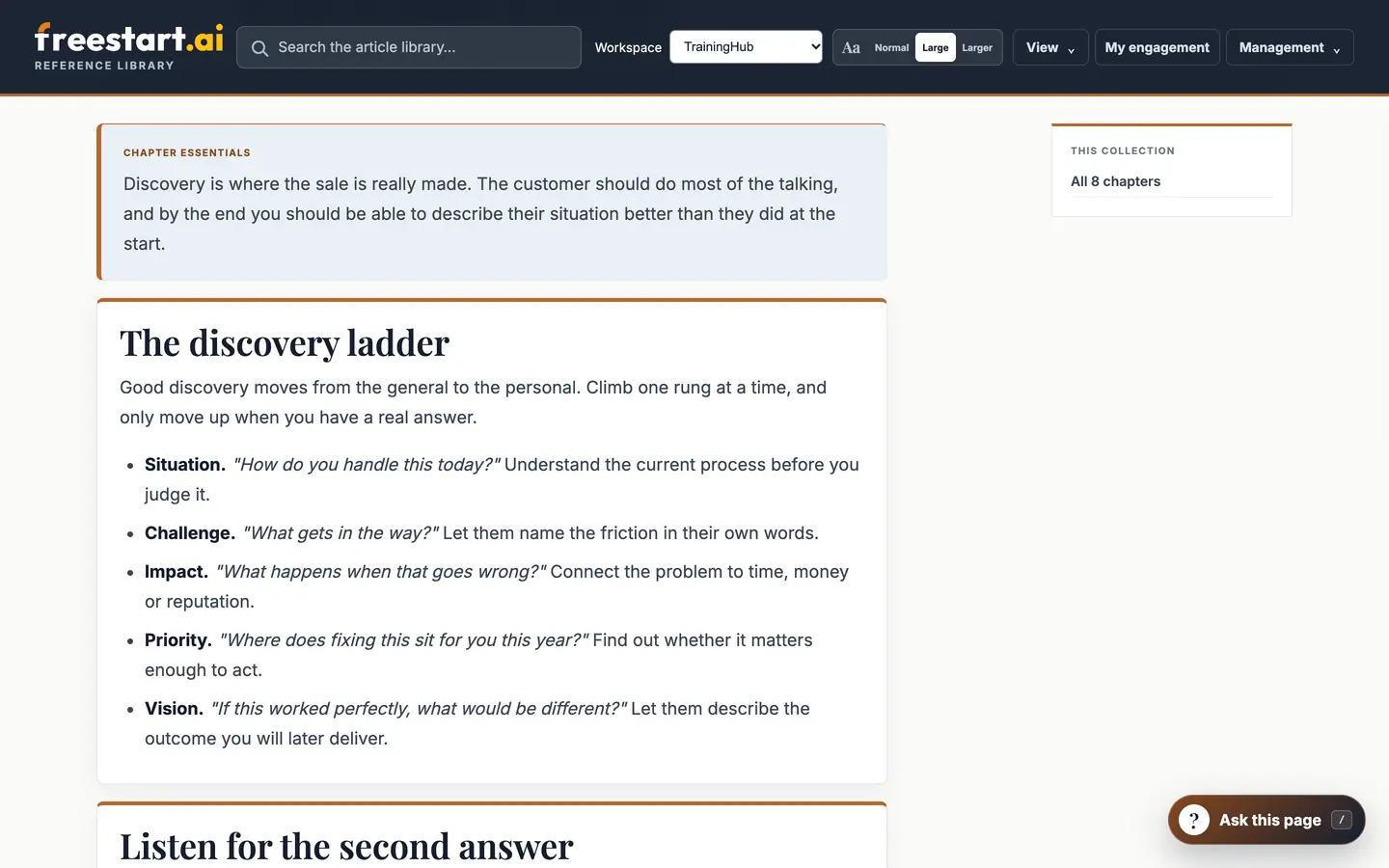 A reference library chapter open at “The discovery ladder”, stages of discovery questions with example wording.